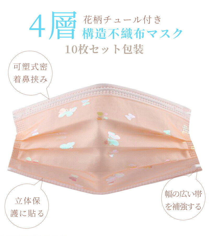 おしゃれマスク 不織布 可愛い 不織布マスク 柄 超人気なチュール付きマスク☆お洒落な 使い捨てマスク 50枚セット 刺繍チュールマスク マスク 夏用 UVカッ kz2021060301-50