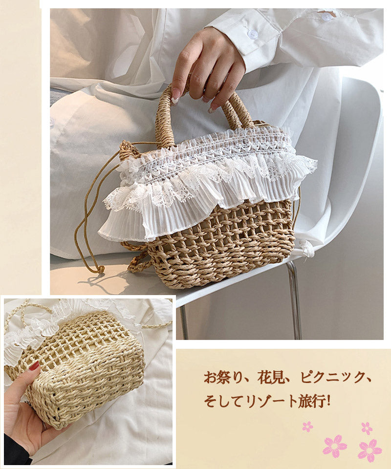 かごバッグ レディース カゴバックハンドバッグ かご編みバッグ ハンドバッグ 可愛い お花見 手提げ ペーパーストローバッグ 巾着付き バスケット型 ナチュラルstb-002