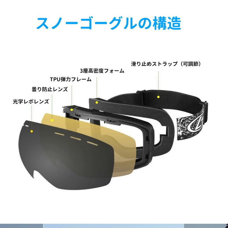 スノーボード スキー ゴーグル 大人用 レディース メンズ UVカット 紫外線カット レボミラー ダブルレンズ メガネ対応 曇り止め加工 保護メガネ goguru-002