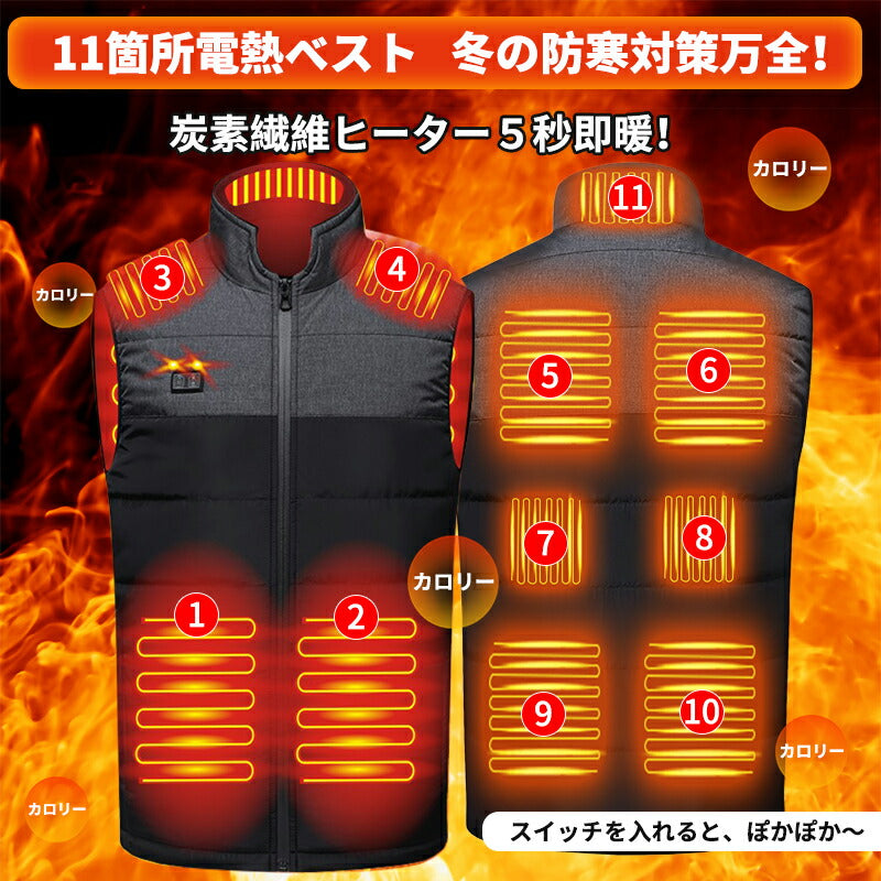【送料無料~】電熱ベスト  防寒着 速暖 日本製ヒーター 中綿 USB給電 洗える 三段階調温 軽量 冷え性 メンズ レーディス 20000mAh バッテリー付 copysku-114