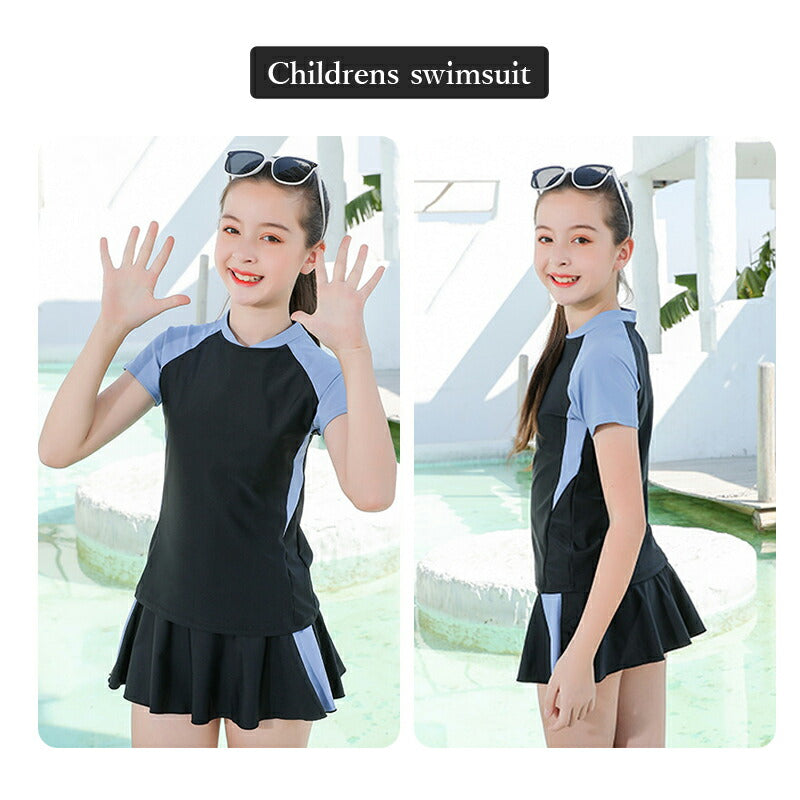 【部分即納】水着 女の子 小学生 セパレート 2点 セット トップス 半袖 ショートパンツ スカート スクール水着 可愛い キッズ水着 子供 キッズ ジュニア  swimsuit-034