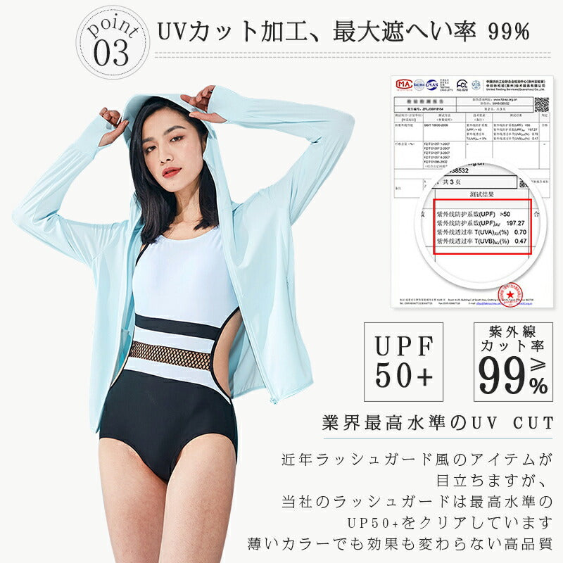 レディースラッシュガード マスク付き UVパーカー フード付き ラッシュガード 接触冷感 涼しい UPF50+ 360度紫外線対策 レディース 夏  uvpaka-001