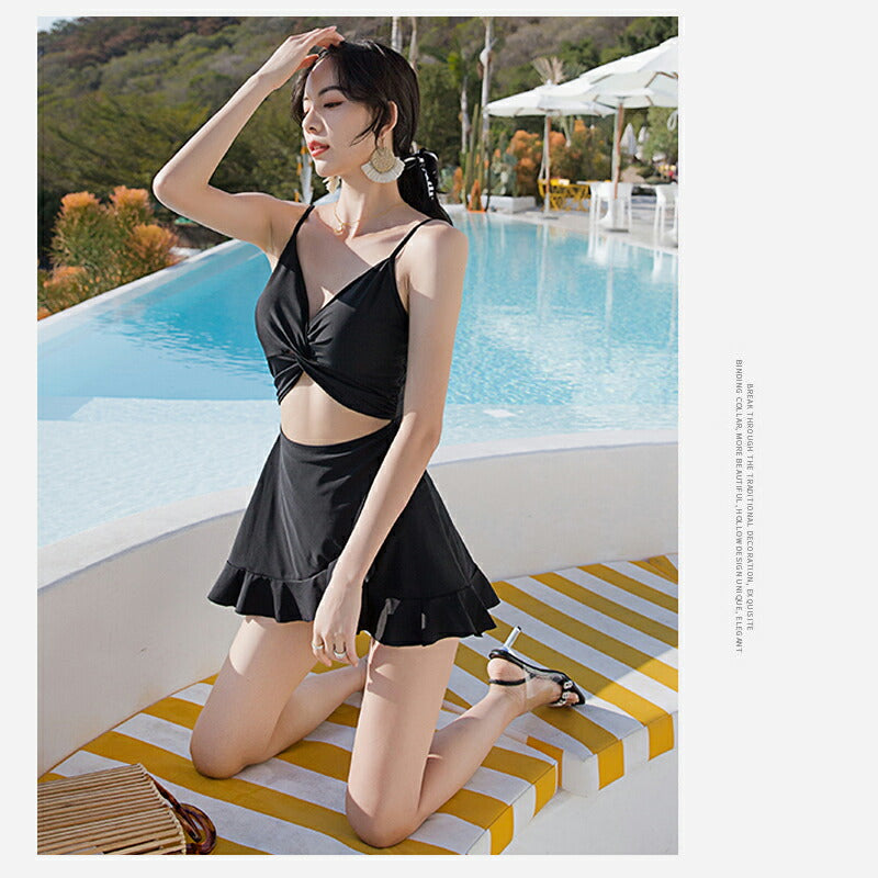 水着 水着 レディース ワンピース 体型カバー水着 20代 30代 40代 ママ水着 オトナ女子 露出控えめ 黒 白 セクシー Vネック キャミソール オールイ swimsuit-030