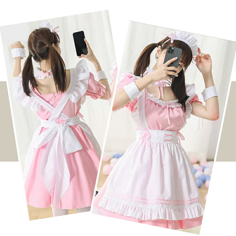 メイド服 メイド 服 6点セット コスプレ 可愛い 女の子 レディース メンズ 半袖 ロリータ ワンピース リボン 黒 ピンク ハロウィン 衣装 大 maid-001