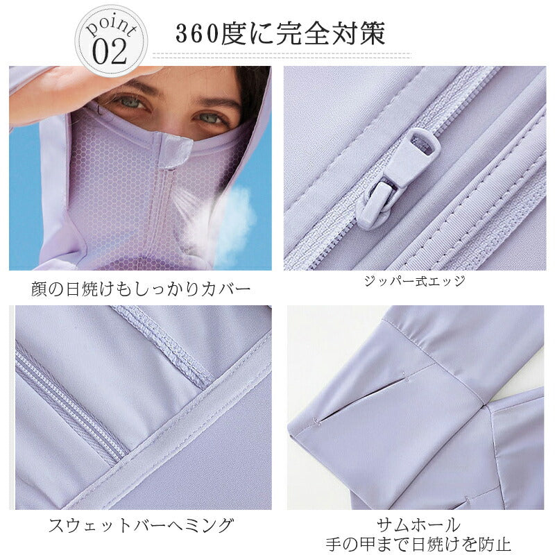 UPF50+ uv パーカー 指穴 uvカット 接触冷感 ひんやり UV ジップアップパーカー サマーカーディガン レディース メンズ 日焼け止め 冷房対策 紫 copysku-54