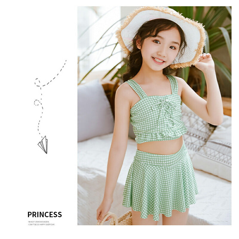 キッズ 水着 女の子 セパレート スカート 子供 水着 幼稚園 保育園 上下セット チェック プリンセス 子供水着 キッズ水着 女の子水着 女児用 水遊び　ジュ swimsuit-037