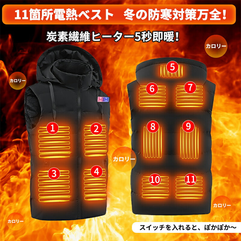 【送料無料~】電熱ベスト  防寒着 速暖 日本製ヒーター 軽量 USB フード 洗える 三段階調温 軽量 冷え性 メンズ レーディス バッテリー付き 25000 copysku-118