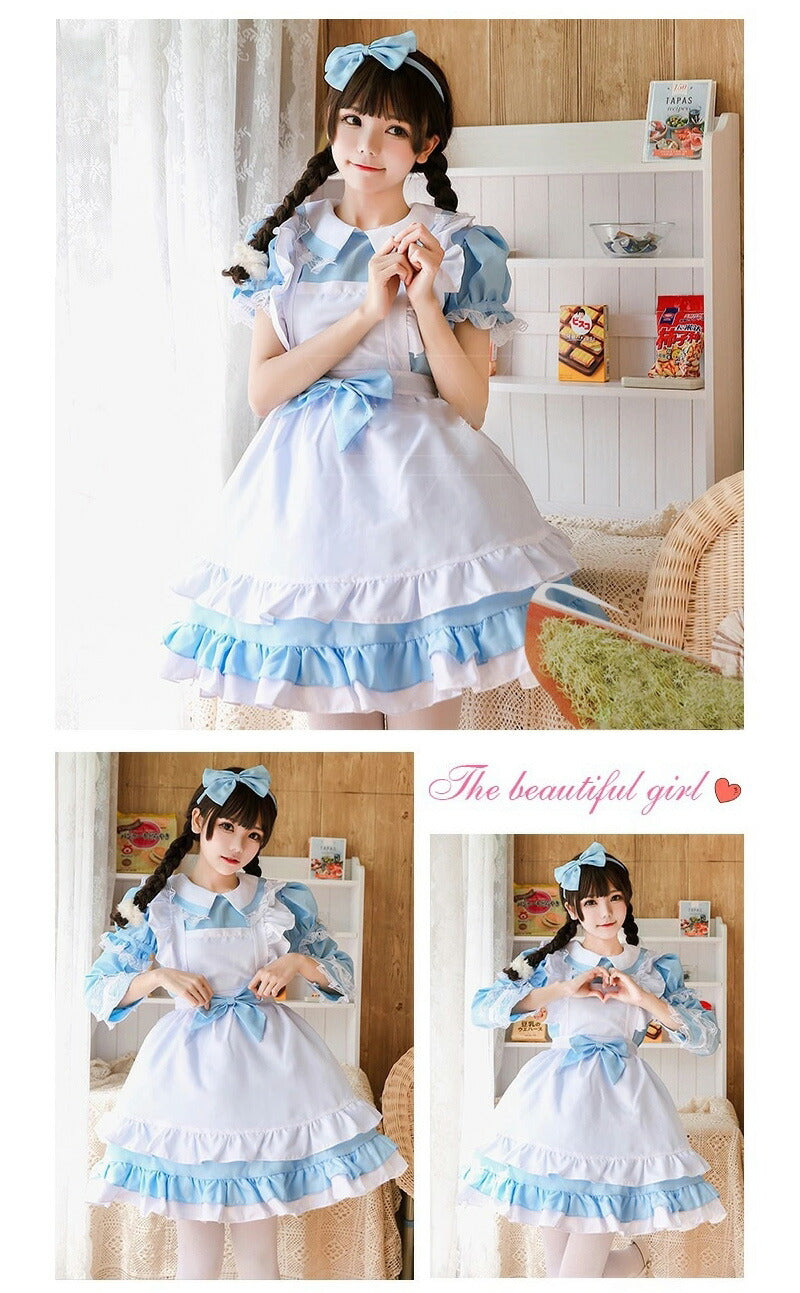 メイド服 コスプレ長袖 可愛い フリル セクシー ハロウィン ロリータ 大人 レディース エプロン カチューシャ スカート ワンピース ピンク 文化祭 リボン  maid-003