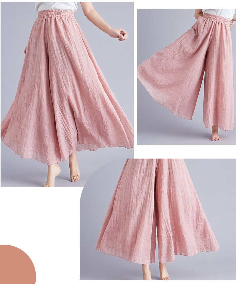 フレアワイドパンツ  ワイドパンツ 麻混  リネン タックロングパンツ フレア リネンパンツ 亜麻 麻 ガウチョパンツ シワ感 レデイース リゾート 体型カバーculottes-001