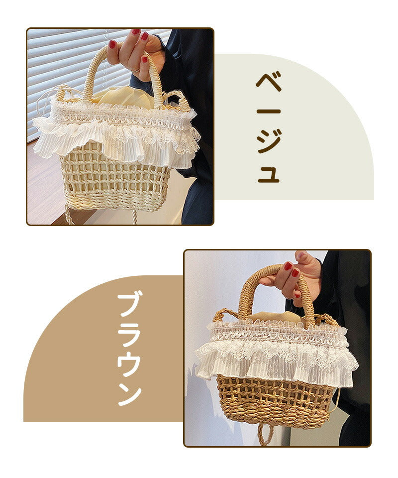かごバッグ レディース カゴバックハンドバッグ かご編みバッグ ハンドバッグ 可愛い お花見 手提げ ペーパーストローバッグ 巾着付き バスケット型 ナチュラルstb-002
