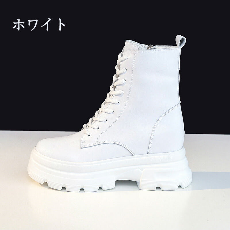 【クーポン利用で5280円★20日終了！】厚底ブーツ ショートブーツ 厚底 レディース ブーツ 白 編み上げブーツ ラウンドトゥ ブーティ 美脚 フラット 歩きshoe-003