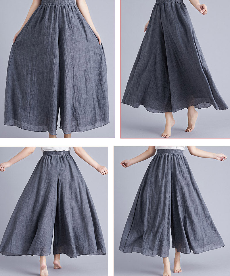 フレアワイドパンツ  ワイドパンツ 麻混  リネン タックロングパンツ フレア リネンパンツ 亜麻 麻 ガウチョパンツ シワ感 レデイース リゾート 体型カバーculottes-001