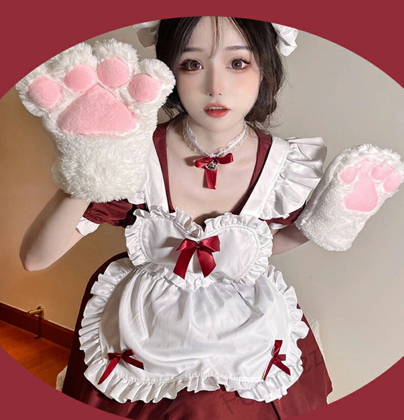 メイド服 コスプレ フリル ネコ耳 かわいい セクシー ゆめかわ 大人 レディース バレンタイン エプロン カチューシャ 半袖 スカート ワンピース 赤 ブラッ maid-002