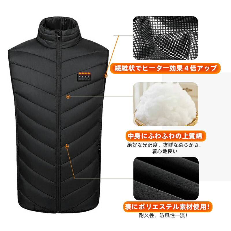 ヒーターベスト 電熱ベスト 日本製ヒーター バッテリー付き 3秒速暖 中綿 USB給電 洗える 三段階調温 軽量 冷え性 メンズ レーディス 電熱ウェア S~4 besuto-20pawa1