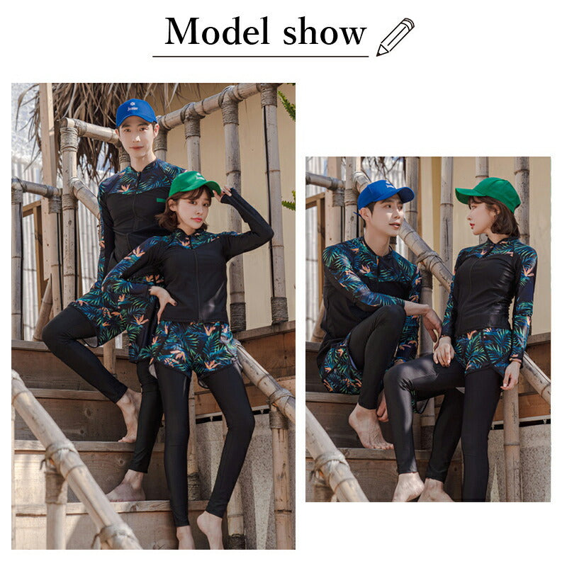 ペアルック メンズ トランクス 水着 レディース カップルお揃い ビーチ水着/S/M/L ビーチパンツ ラッシュガード付き ブラック トレーニング フィットネス swimsuit-053