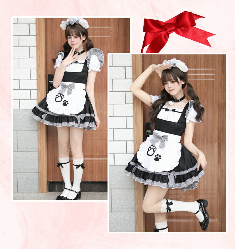 メイド服 ハロウィン コスプレ 長袖 メイド 可愛い 女の子 セクシー カップル ロリータ 定番 衣装 レディース エプロン ドレス アリス風仮装  肉球 リボmaid-009