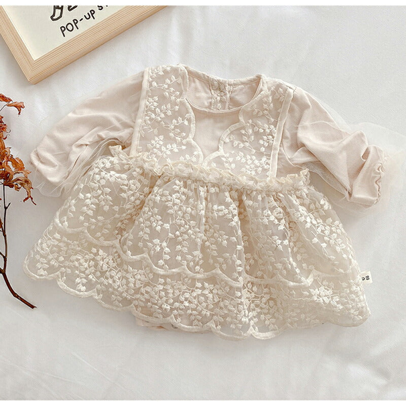 【★大好評】ベビードレス 長袖 セレモニードレス 女の子 ワンピース 結婚式 赤ちゃん 子供服 ロンパース レース ベージュ ふわふわ ベビー服 春 秋 sgato-001-hd