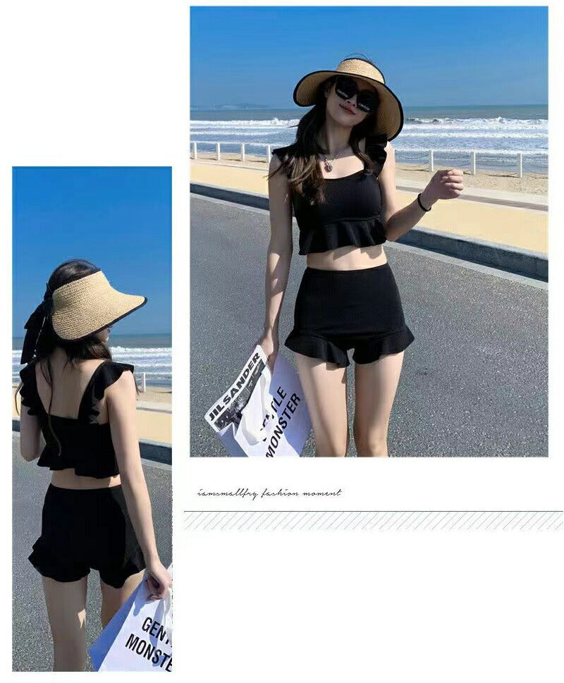 【一部即納】水着 レディース 可愛い 体型カバー ビスチェ ハイウエスト フリル セパレート タンキニ 水着 韓国 露出控えめ パッド一体型 ビキニ ショートパswimsuit-062