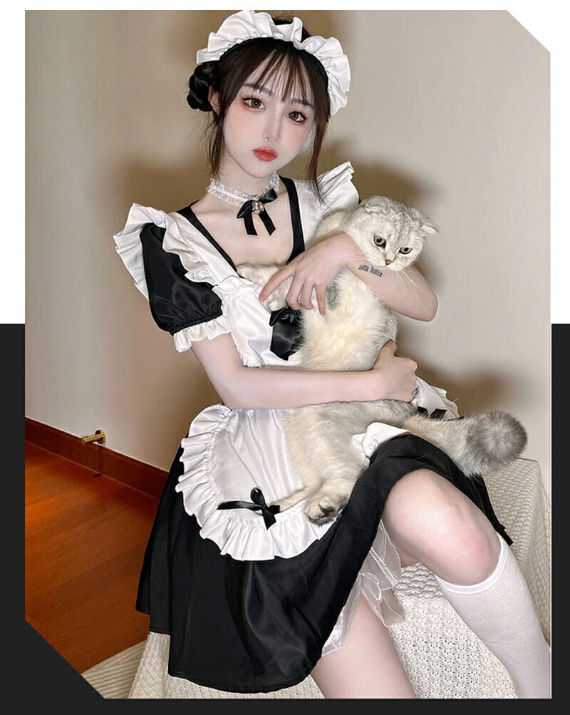 一部即納 メイド服 コスプレ 猫 ネコ耳  かわいい フリル セクシー 赤 ブラック ゆめかわ 大人 レディース バレンタイン エプロン カチューシャ 半袖 ス maid-002