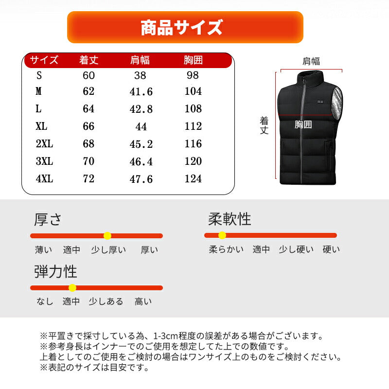 【送料無料~】電熱ベスト  防寒着 速暖 日本製ヒーター 中綿 USB給電 洗える 三段階調温 軽量 冷え性 バッテリー付き 20000mAh メンズ レーディ besuto-08pawa