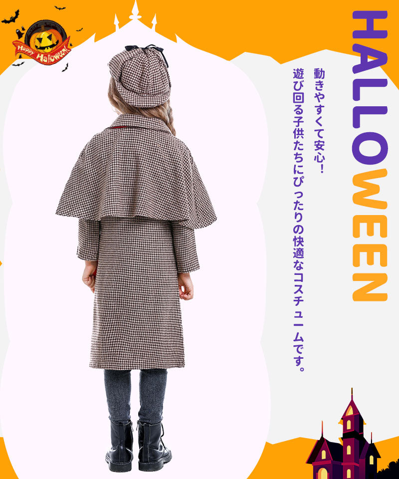 ハロウィン コスプレ イギリス 探偵 探偵服 女の子 男の子 パーティー　ハロウィン　女児　コスチューム 帽子付き　衣装 キャラクター コスチューム ハロウィンetwsj0006