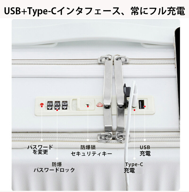 スーツケース フロントオープン キャリーケース キャリーバッグ ファスナータイブ 機内持込み USBポート 前開き カップホルダー ダイヤル式ロック 静音 軽量suitcase-4011b