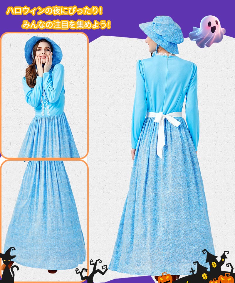 ハロウィン コスプレ アリス コスチューム 衣装 水色 エプロンドレス レディース お姫様 服 コスプレ 仮装  フリーサイズ　リボン カチューシャ ワンピースwsf014
