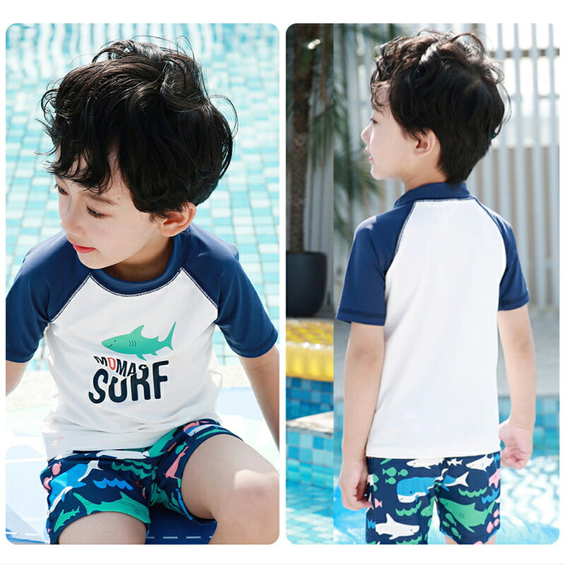 キッズ 水着 ジュニア 男の子 白 ラッシュガード ボトルネック セット 上下 長袖 トップス ハーフパンツ スイムキャップ 3点セット 子ども ベビー 70 kbhdlj-6