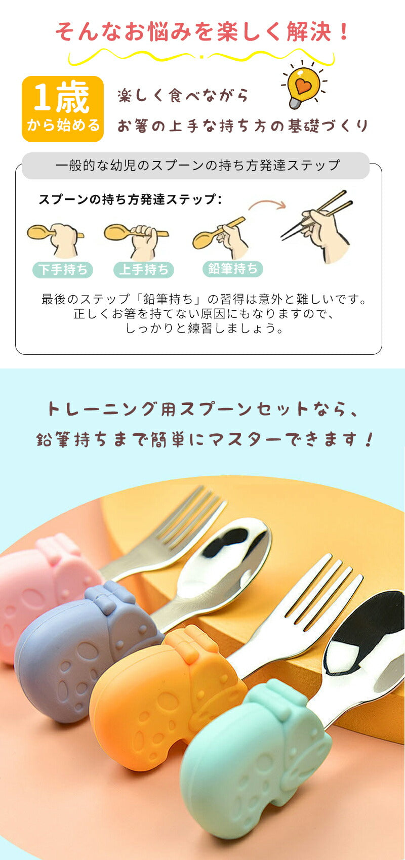 スプーン ベビー フォーク 赤ちゃん 持ちやすい ２点セット 幼児用 カトラリー 幼児 子供 練習 ベビー食器 知育カトラリー ベビースプーン 離乳食 トレーニbbcj-001
