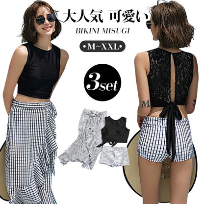 水着 レディース 体型カバー セパレート ハイネック ビキニ パレオ付き 3点セット タンキニ 小胸 盛れる チェック柄 20代 30代 40代 おしゃれ 無地 swimsuit-028