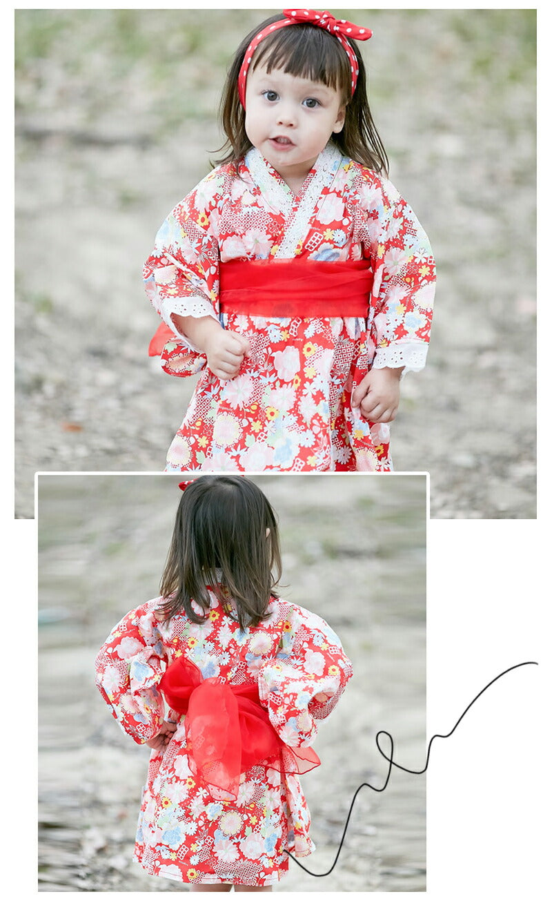 浴衣 子供 和服 ワンピース 女の子 夏祭り ゆかた ガールズ  着物 浴衣ドレス 夏 兵児帯 花柄 蝶結び 2点セット 帯セット ワンピース 花火大会 お盆休yukata-001