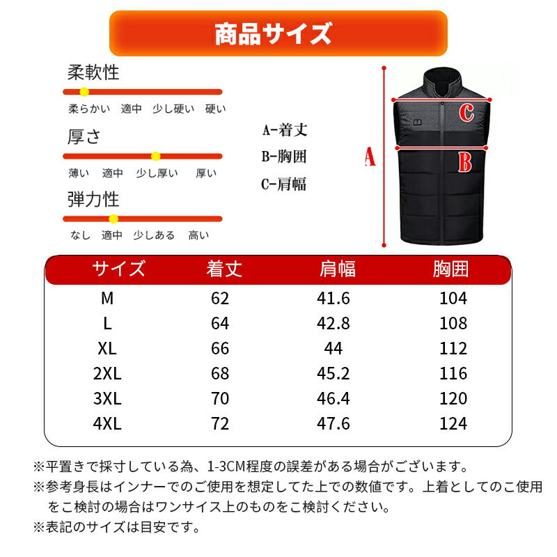 ヒーターベスト バッテリー付き 日本製ヒーター 裹起毛 中綿 USB給電 三段階調温 メンズ レーディス 男女兼用 電熱ジャケット 防寒着 速暖 軽量 薄手 前 besuto-02pawa1