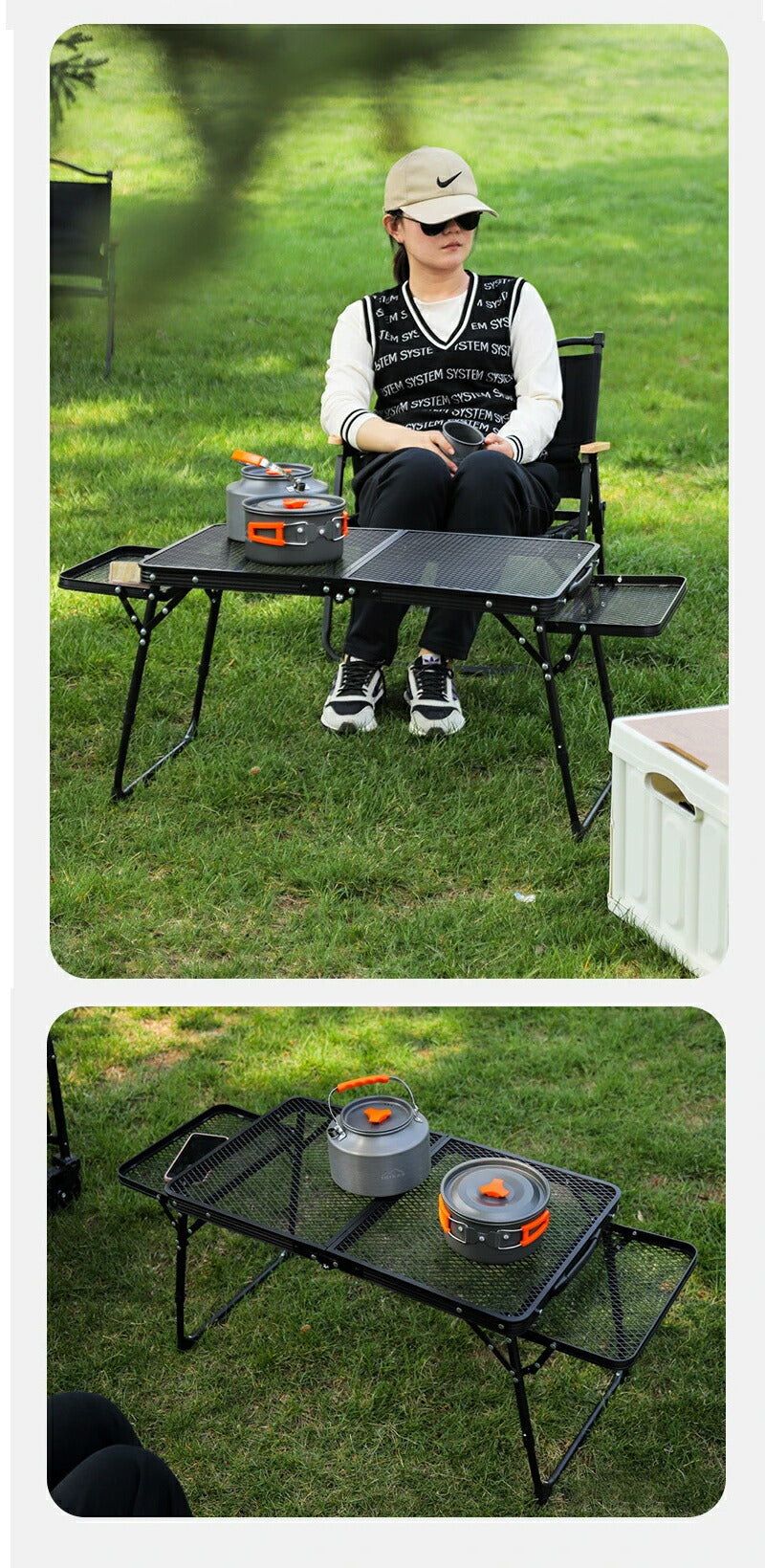アウトドア テーブル 2way 耐荷重50kg 収納袋付き 二つ折り メッシュテーブル 軽量 バーベキュー 変形可能 キャンプテーブル ３タイプ 家族 折りたたtable-001-a