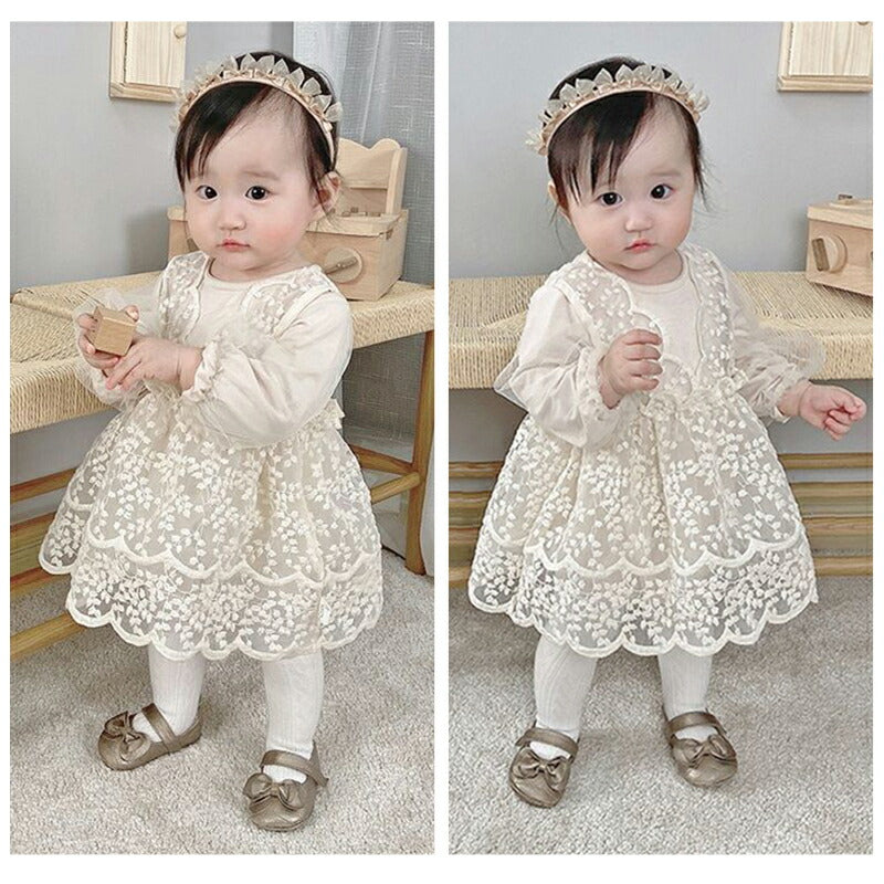 【★大好評】ベビードレス 長袖 セレモニードレス 女の子 ワンピース 結婚式 赤ちゃん 子供服 ロンパース レース ベージュ ふわふわ ベビー服 春 秋 sgato-001-cp