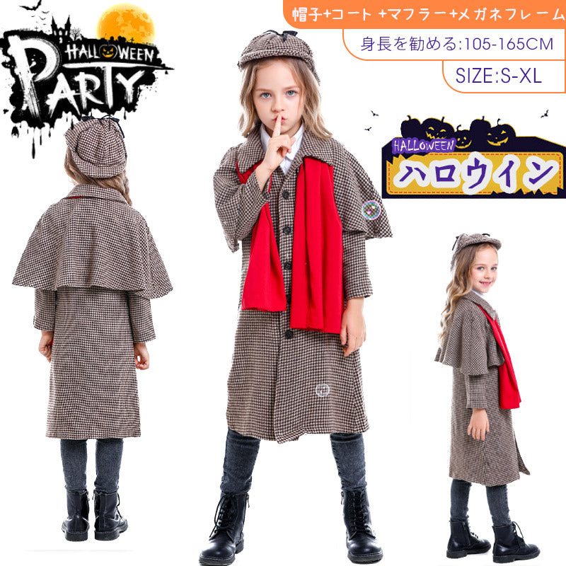 ハロウィン コスプレ イギリス 探偵 探偵服 女の子 男の子 パーティー　ハロウィン　女児　コスチューム 帽子付き　衣装 キャラクター コスチューム ハロウィンetwsj0006