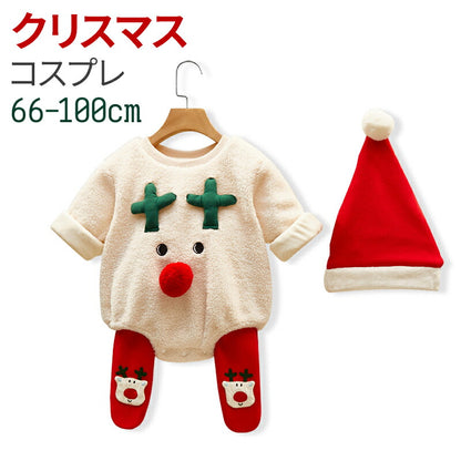 サンタ サンタ服 ロンパース ベビー着ぐるみ もこもこ ベビーフォト ベビー服 カバーオール 衣装 キッズ 着ぐるみ サンタコス 子供 子供服 トナカイ 3点セ sdf-1