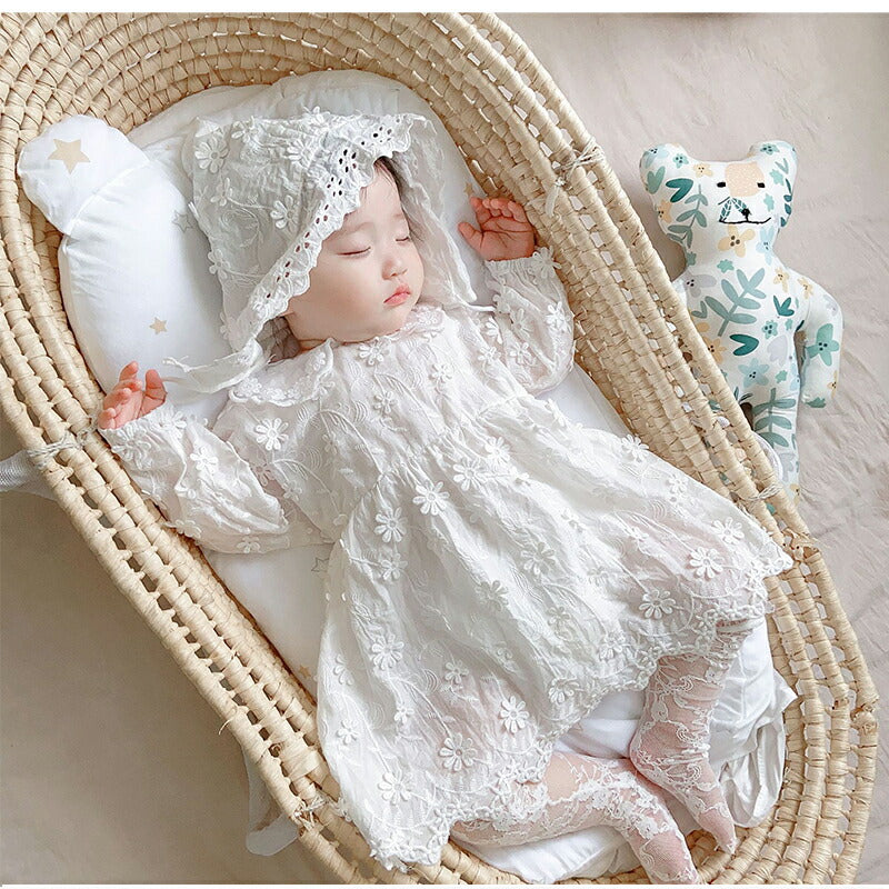 セレモニードレス ロンパース カバーオール 長袖 帽子付き 2点セット 新生児 ベビー服 ワンピース ベビー用品 子供服  赤ちゃん  刺繍  sgato-006