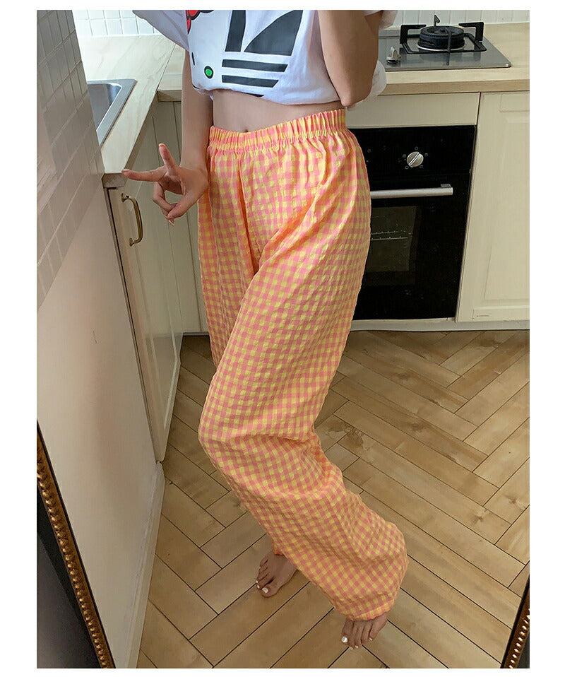 ギンガムチェック ルームウェア レディース 部屋着 パジャマ ショートパンツ ゆったり リラックス 可愛い 春 夏 秋 薄手 綿 ボトムス 寝巻き ポケット ウ pajama-001