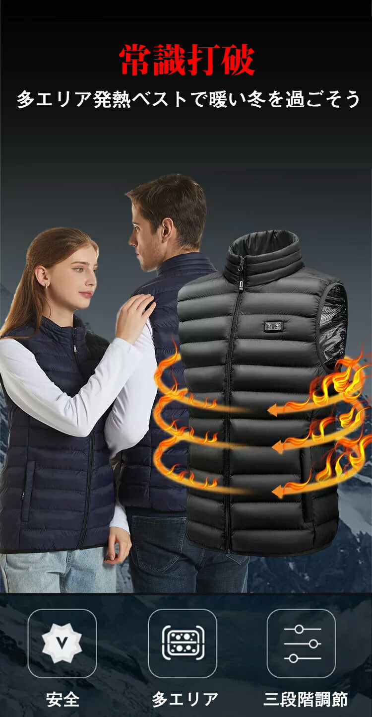 電熱ベスト  防寒着 速暖 日本製ヒーター 中綿 USB給電 洗える 三段階調温 軽量 冷え性 メンズ レーディス 20000mAh バッテリー付き  S~4X besuto-06pawa