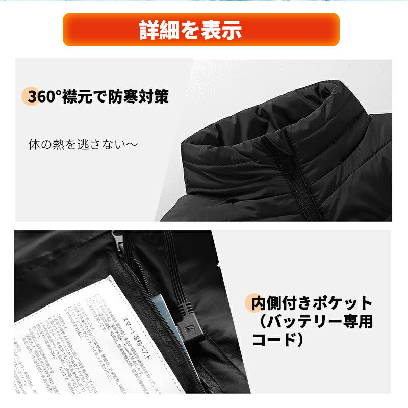 電熱ベスト ヒーターベスト  防寒着 速暖 日本製ヒーター 中綿 USB給電 洗える 三段階調温 軽量  メンズ レーディス 電熱ウェア 20000mAh バッ besuto-04pawa