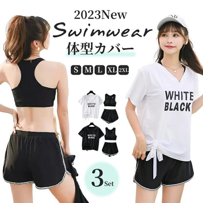 体型カバー 水着 レディース かわいい セパレート 水着 韓国 中学生 高校生 おしゃれ 体型カバー 水着 3点セット 20代 女の子 小胸 二の腕カバー 露出 wswimsuit-007