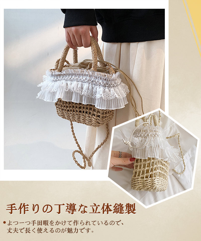かごバッグ レディース カゴバックハンドバッグ かご編みバッグ ハンドバッグ 可愛い お花見 手提げ ペーパーストローバッグ 巾着付き バスケット型 ナチュラルstb-002