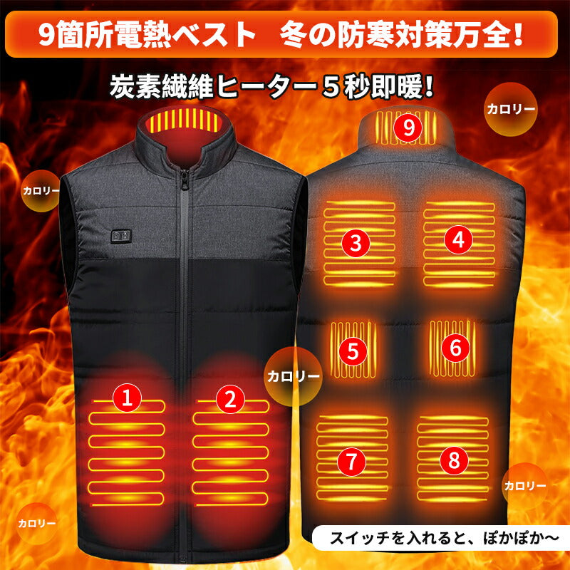 電熱ベスト  防寒着 速暖 日本製ヒーター 中綿 USB給電 洗える 三段階調温 軽量 冷え性 メンズ レーディス 25000mAh バッテリー付き 電熱ウェア besuto-07pawa1