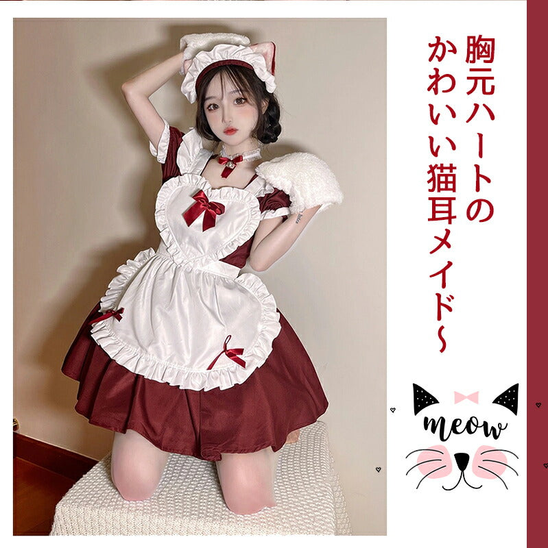 一部即納 メイド服 コスプレ 猫 ネコ耳  かわいい フリル セクシー 赤 ブラック ゆめかわ 大人 レディース バレンタイン エプロン カチューシャ 半袖 ス maid-002