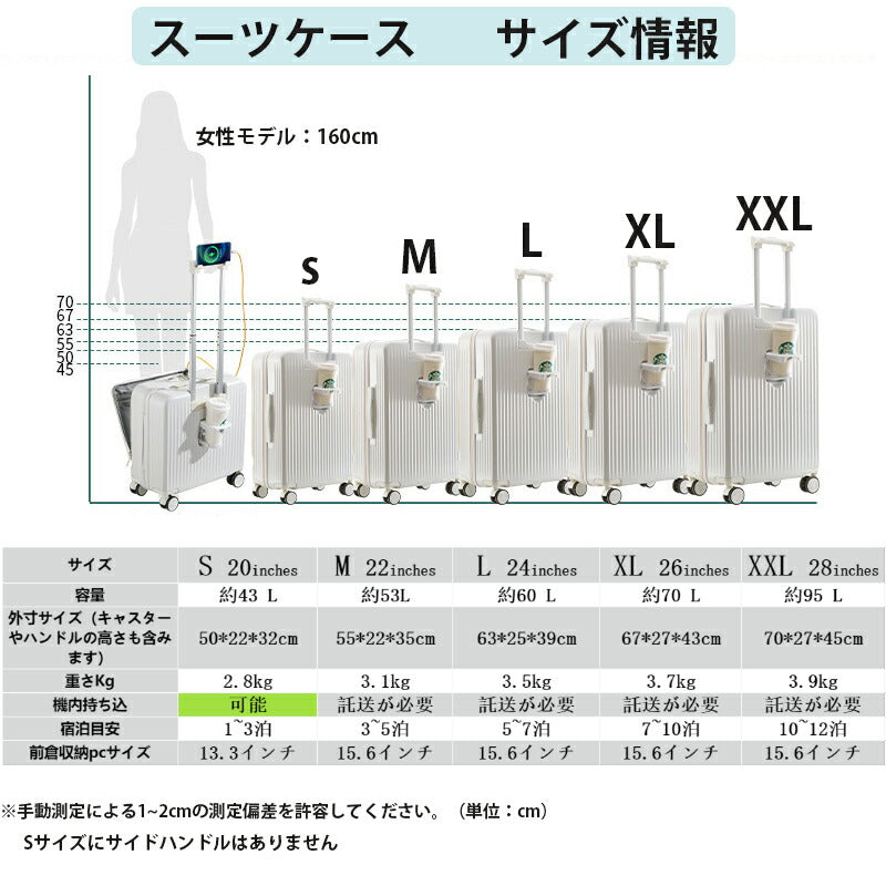 スーツケース フロントオープン キャリーケース キャリーバッグ ファスナータイブ 機内持込み USBポート 前開き カップホルダー ダイヤル式ロック 静音 軽量suitcase-4011b