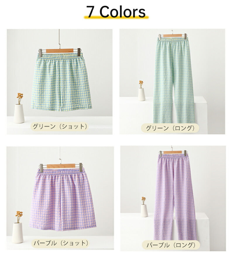 ギンガムチェック ルームウェア レディース 部屋着 パジャマ ショートパンツ ゆったり リラックス 可愛い 春 夏 秋 薄手 綿 ボトムス 寝巻き ポケット ウ pajama-001