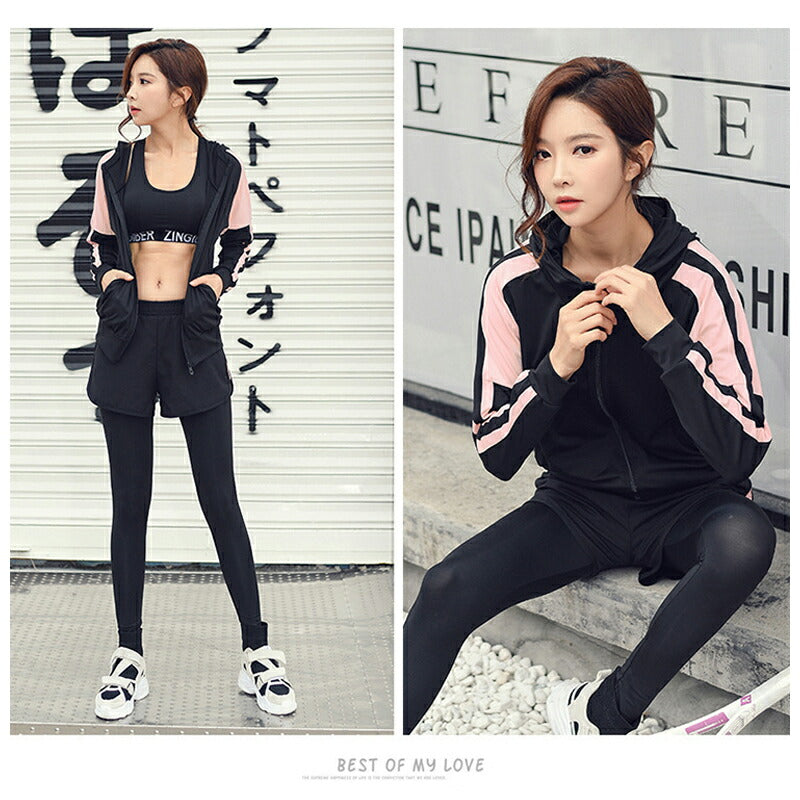 水着 水陸両用 フィットネス 5点セット レディース 体型カバー ヨガ ラッシュガード 長袖 上下セット スポブラ レギンス ショートパンツ Tシャツ ジム ス item-020