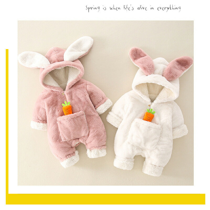 うさぎさん きぐるみ ベビー ロンパース ウサギ 着ぐるみ 秋冬 フード付き あったか 前開き カバーオール 男の子 女の子 もこもこ パジャマ ベビーウェア  fuku-005
