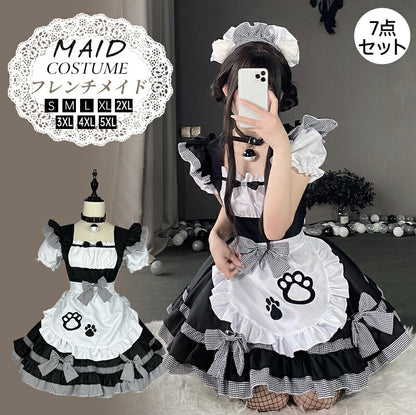 メイド服 ハロウィン コスプレ 長袖 メイド 可愛い 女の子 セクシー カップル ロリータ 定番 衣装 レディース エプロン ドレス アリス風仮装  肉球 リボmaid-009