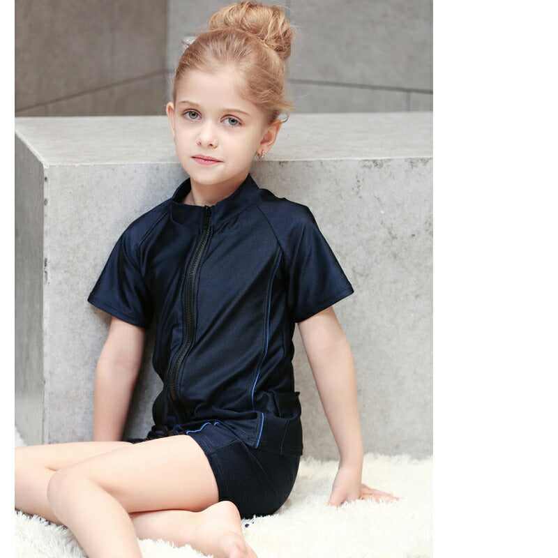 子ども 水着 女児 半袖 前ジッパー セパレート スクール水着 ガールズ 女子 上下別 ハーフパンツ フィットネス 女の子 水着 ジュニア 1 swimsuit-040